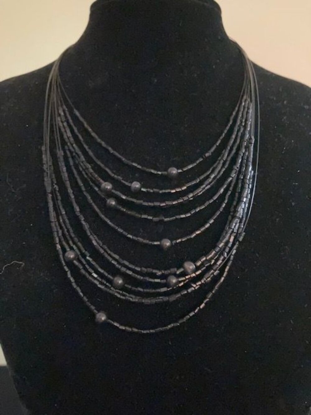 Multi-Stranded Black Beaded Necklace
